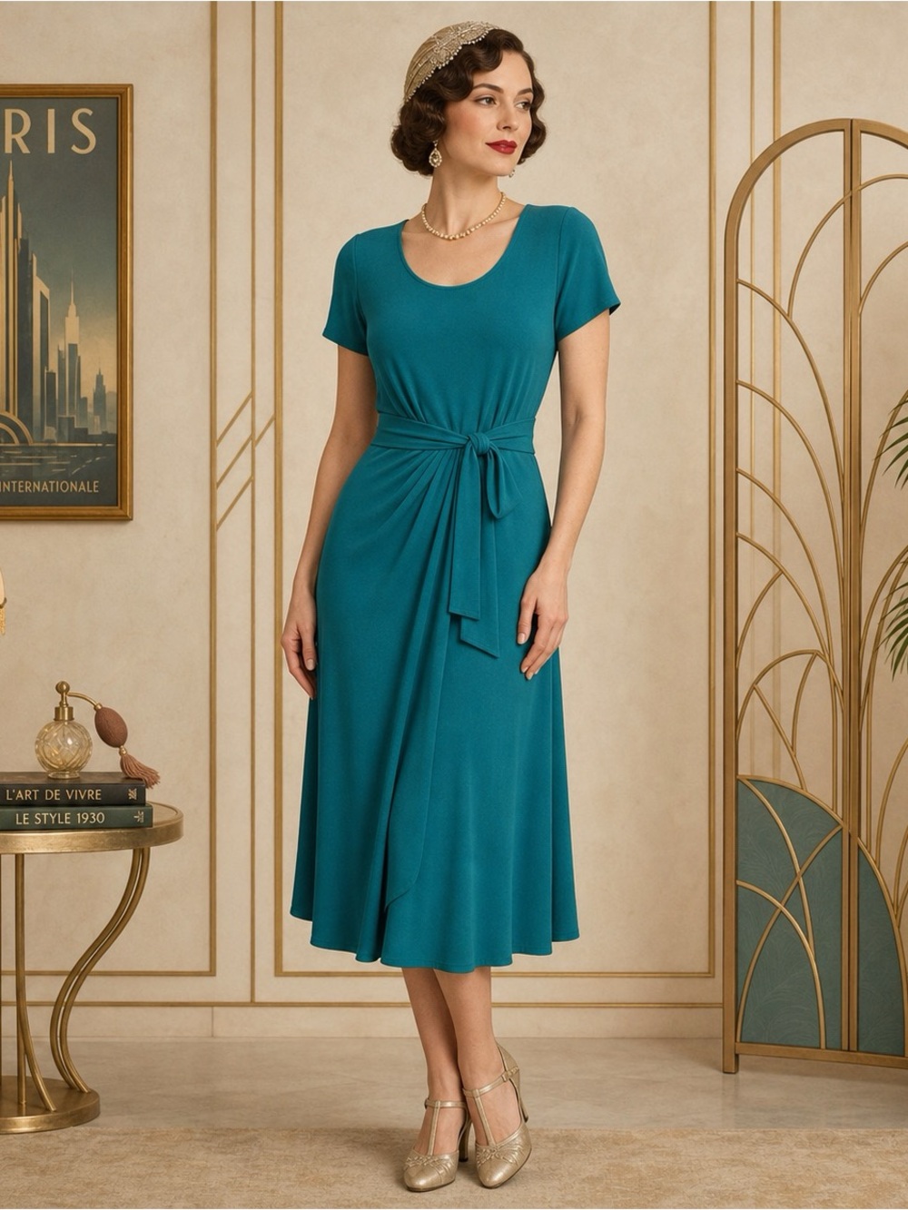 Soma Intimates Teal Short Sleeve Tie-Neck Jersey Dress